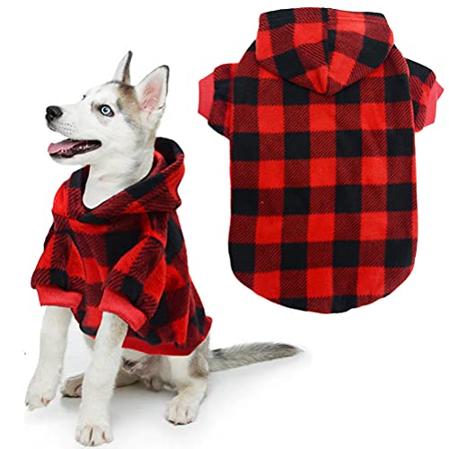 Plaid Dog Hoodie Pet Fleece Sweater Winter Coat with Hat for Small Medium Large Dogs Red and Black L