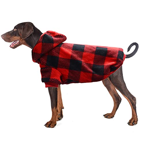 Plaid Dog Hoodie Pet Fleece Sweater Winter Coat with Hat for Small Medium Large Dogs Red and Black L
