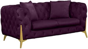 meridian furniture kingdom collection velvet upholstered loveseat with deep button tufting & sturdy gold metal legs, purple