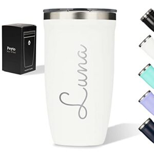 personalized vertical name engraved insulated tumbler, 16 oz. stainless-steel travel mug with slide lid, custom gift (snow)
