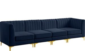 meridian furniture alina collection velvet upholstered modular sofa with deep channel tufting, 119" wide, navy