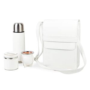 thebmate [matera for mate set] travel mate bag with yerba mate set includes mate cup, alpaca bombilla, thermos, yerbero, cleaning brush - eco-leather wrapped handmade in uruguay (white)