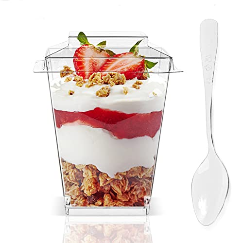 PLAZOTTA 80 Pack 5.4 oz Clear Plastic Dessert Cups with 80 Tasting Spoons and 80 Lids, Square Parfait Appetizer Cups Bowls for Party, Weddings - Flat Lid