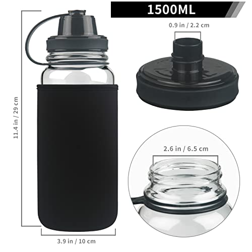 Ferexer Large 48 oz Glass Water Bottle with Straw & Time Marker, Reusable Motivational Borosilicate Water Bottle with Neoprene Sleeve BPA Free