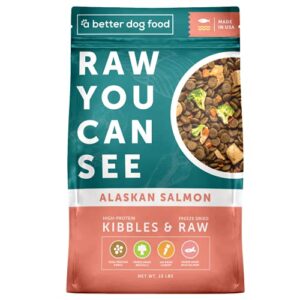 a better dog food | salmon dry dog food | raw you can see | high protein kibble + freeze dried raw dog food