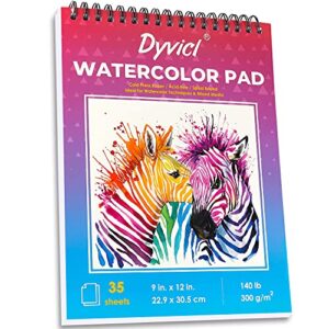 Dyvicl Watercolor Paper Pad 9"x12", Pack of 2, 35 Sheets Each(140 lb/300gsm), Cold Press, Spiral Watercolor Sketchbook for Painting, Drawing, Mixed Media, Acrylic, Art Paper for Kids Adults and Students