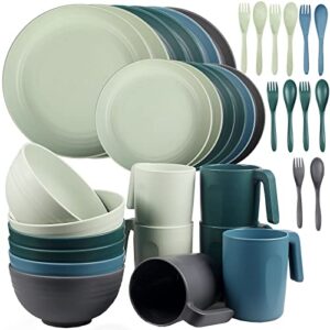 shopwithgreen plastic plates bowls mug sets, microwave and dishwasher safe, unbreakable, lightweight reusable dinnerware sets, with cutlery, for camping, indoor, outdoor, kitchen, 36 pcs for 6