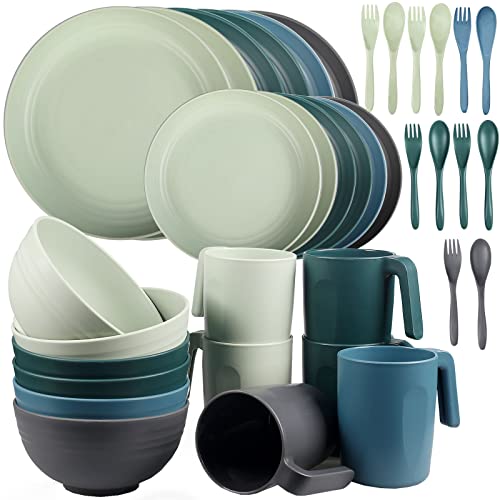 Shopwithgreen Plastic Plates Bowls Mug Sets, Microwave and Dishwasher Safe, Unbreakable, Lightweight Reusable Dinnerware Sets, with Cutlery, for Camping, Indoor, Outdoor, Kitchen, 36 PCS for 6