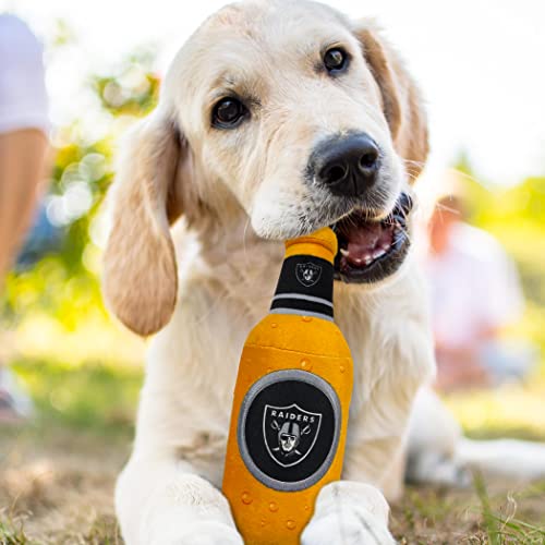 NFL LAS VEGAS RAIDERS BEER BOTTLE PLUSH DOG & CAT SQUEAK TOY - Cutest STADIUM SODA BOTTLE SNACK Plush Toy for DOGS & CATS with INNER SQUEAKER & Beautiful Football Team Name/Logo