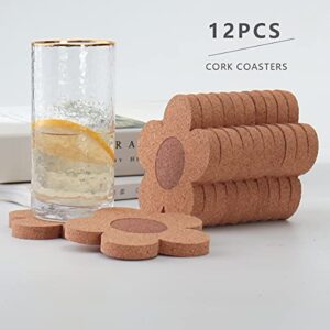 12PCS 3/8" Thick Cork Coasters for Drinks,Absorbent and Reusable Coaster Set 100% Natural Cork 4 inch Flower Shape Farmhouse Rustic Wood Drink Coasters Bulk Cork Coasters for Desk and Glass Table