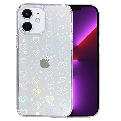 SmoBea Compatible with iPhone 11 6.1 Inch 2019, Clear Laser Glitter Bling Heart Soft & Flexible TPU and Hard PC Shockproof Cover Women Girls Heart Pattern Phone Case (Rainbow Heart/Clear)