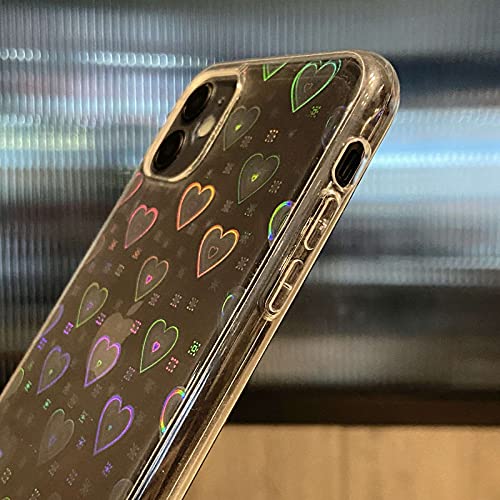 SmoBea Compatible with iPhone 11 6.1 Inch 2019, Clear Laser Glitter Bling Heart Soft & Flexible TPU and Hard PC Shockproof Cover Women Girls Heart Pattern Phone Case (Rainbow Heart/Clear)