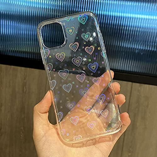 SmoBea Compatible with iPhone 11 6.1 Inch 2019, Clear Laser Glitter Bling Heart Soft & Flexible TPU and Hard PC Shockproof Cover Women Girls Heart Pattern Phone Case (Rainbow Heart/Clear)