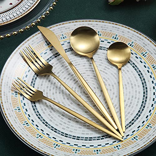 Matte Gold Silverware Set 40 Pieces, Stainless Steel Golden Flatware Set, Titanium Plating Cutlery Set, Matte Gold Utensil Sets, Service Set for 8 (Matte Golden)