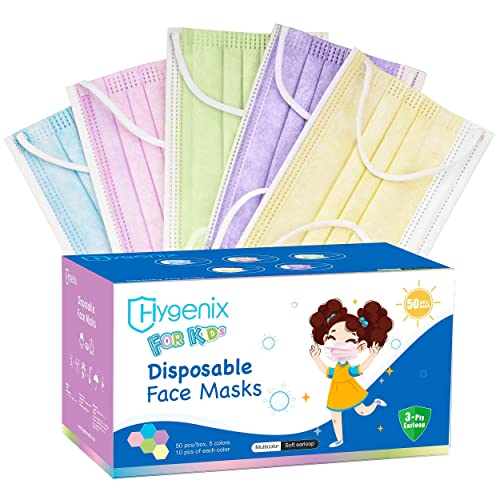 Hygenix masks for Kids, Multiple-colors 3ply Disposable Children Face Masks PFE >98% Filter Quality, Breathable & Comfy (Pack of 50 Pcs)…