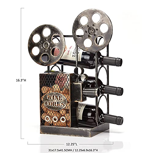 Aayla Tabletop Wine Rack – Retro Classic Movie Projector for Holding 3 Bottles with Cork Storage Perfect Wine Gift for Wine Lovers