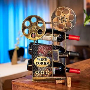 Aayla Tabletop Wine Rack – Retro Classic Movie Projector for Holding 3 Bottles with Cork Storage Perfect Wine Gift for Wine Lovers