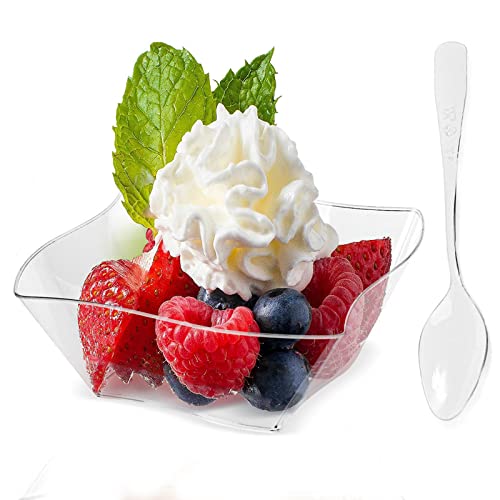 PLAZOTTA 150 Pack 5 oz Clear Plastic Dessert Cups with 150 Tasting Spoons, Square Parfait Appetizer Plates Bowls for Party, Weddings