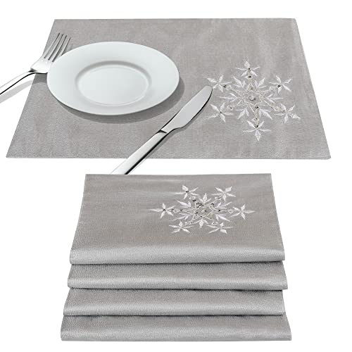 OWENIE Christmas Table Placemats Set of 4, Silver Placemats with Sequins Embroidery, Grey Place Mats for Dining Table, Xmas Holiday Tabletop Decor, Winter Table Decorations, Farmhouse 13 X 19 Inch