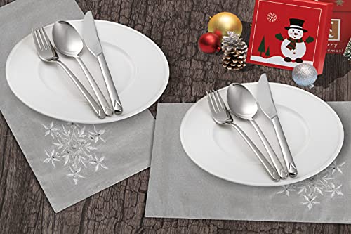 OWENIE Christmas Table Placemats Set of 4, Silver Placemats with Sequins Embroidery, Grey Place Mats for Dining Table, Xmas Holiday Tabletop Decor, Winter Table Decorations, Farmhouse 13 X 19 Inch