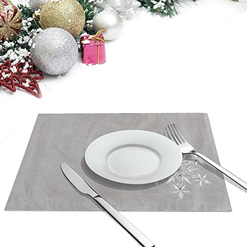 OWENIE Christmas Table Placemats Set of 4, Silver Placemats with Sequins Embroidery, Grey Place Mats for Dining Table, Xmas Holiday Tabletop Decor, Winter Table Decorations, Farmhouse 13 X 19 Inch