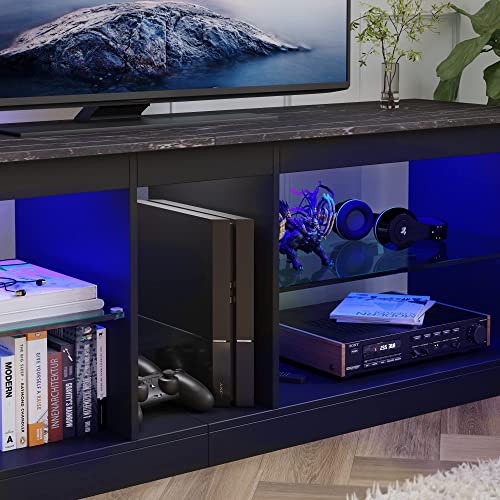 Bestier TV Stand Black Marble LED Entertainment Center for 55+ Inch TV Gaming TV Stand Adjustable Glass Shelves 22 Dynamic RGB Modes TV Cabinet for Game Console PS4