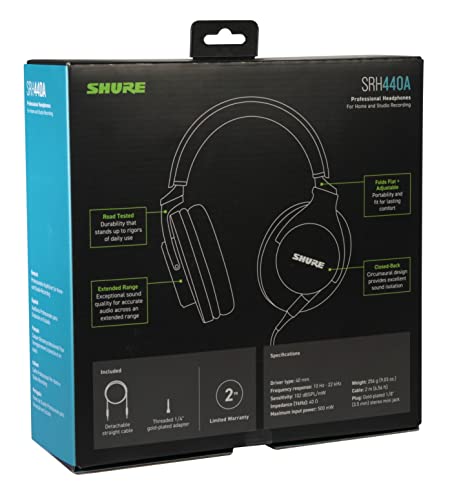 Shure SRH440A Over-Ear Wired Headphones for Monitoring & Recording, Professional Studio Grade, Enhanced Frequency Response, Work with All Audio Devices, Adjustable & Collapsible Design - 2022 Version