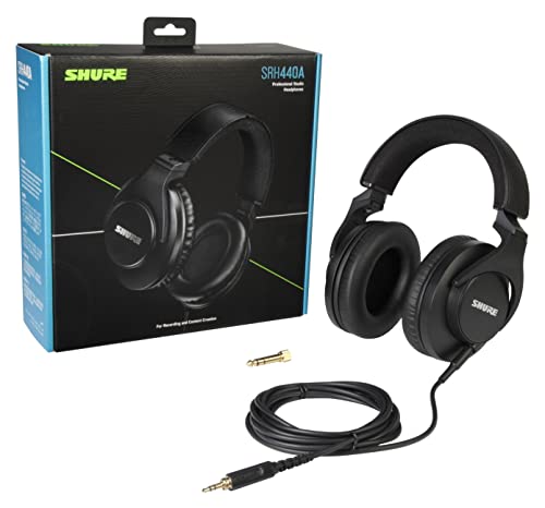 Shure SRH440A Over-Ear Wired Headphones for Monitoring & Recording, Professional Studio Grade, Enhanced Frequency Response, Work with All Audio Devices, Adjustable & Collapsible Design - 2022 Version