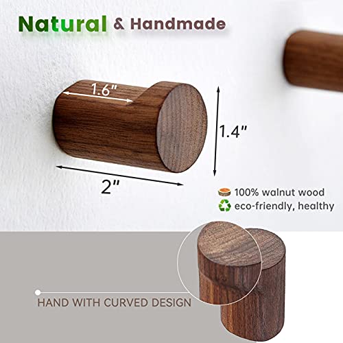 HEIOE Wood Wall Hooks - 4 Pack Natural Wooden Hooks Decorative - Rustic Coat Hook Wall Mounted - Minimalist Hat Rack - Handmade Wall Hooks for Hanging Coats (Black Walnut),Dark Brown