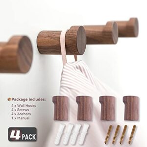 HEIOE Wood Wall Hooks - 4 Pack Natural Wooden Hooks Decorative - Rustic Coat Hook Wall Mounted - Minimalist Hat Rack - Handmade Wall Hooks for Hanging Coats (Black Walnut),Dark Brown