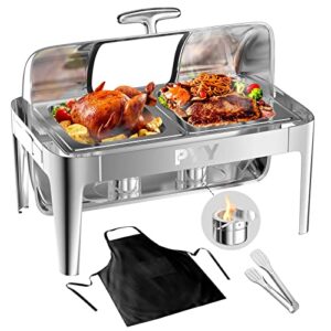 pyy roll top chafing dish buffet set, 9 qt stainless steel chafing server set for catering commercial chafers buffet warmer for parties, wedding, banquet, events (2 half-size)