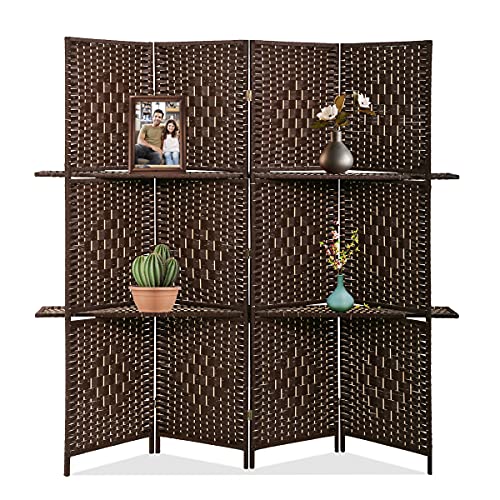 Room Dividers and Folding Privacy Screens 4 Panel 67 Inch Tall Portable Room Seperating Divider w/ 2 Display Shelves Solid Wood Room Partitions and Dividers Freestanding for Home, Office