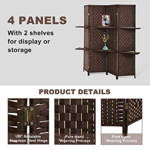 Room Dividers and Folding Privacy Screens 4 Panel 67 Inch Tall Portable Room Seperating Divider w/ 2 Display Shelves Solid Wood Room Partitions and Dividers Freestanding for Home, Office