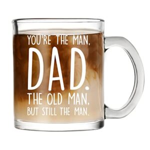 waipfaru the old man glass coffee mugs, dad clear coffee mugs cups with handle, funny christmas father’ s day birthday gifts for dad father grandpa man husband from son wife daughter, 11oz