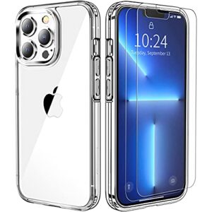 ewuonu iphone 13 pro max case, crystal clear [anti-yellowing] case for iphone 13 pro max 6.7 inch, with 2 pack tempered glass screen protector, slim thin, scratch resistant, full body protection