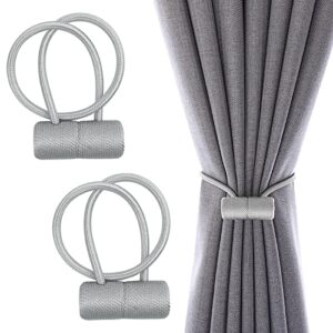 mjiya magnetic curtain tiebacks, convenient drape tie backs - decorative rope holdback holder for small, thin or sheer window drapries (grey, 2 pack-c)