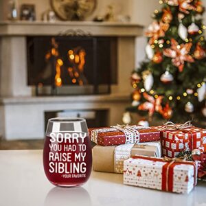Waipfaru Sorry You Had to Raise My Sibling Stemless Wine Glass, Funny Mom & Dad Wine Glass, Gifts Idea for Mom & Dad Mother on Christmas Birthday Mother’ s Day Father’ s Day, Mom & Dad Gift, 15Oz