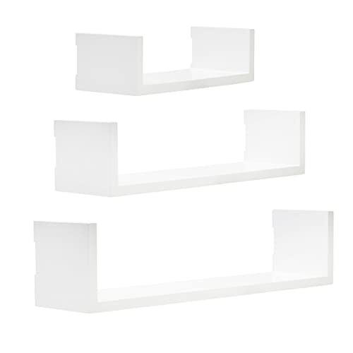 MELANNCO Floating U Shelves for Bedroom, Living Room, Bathroom, Kitchen, Nursery, Set of 3, White