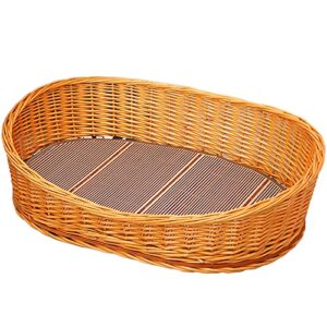 zjmk wicker dog cat bed with cushion & bamboo mat, small medium dogs cats basket washable wicker nest, various size (size : #1(50×38cm/19.7×15in))