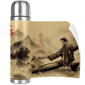 Stainless Steel Vacuum Insulated Mug, Tai Chi Painting Chinese Kongfu Print Thermos Water Bottle for Hot and Cold Drinks Kids Adults 17 Oz