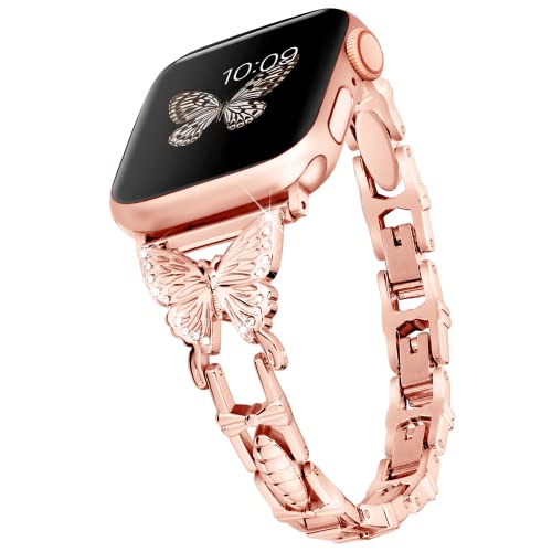 Wipalor Compatible with Apple Watch Band 38mm 40mm 41mm, Lightweight for Women, Easy Adjustable Bracelet, Shiny Diamond on Butterfly, Jewelry Metal Strap for iWatch Series 8 7 6 5 4 3 2 1 SE(Rose Gold)