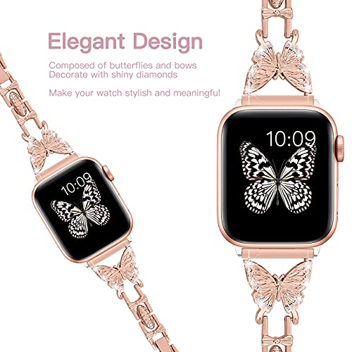 Wipalor Compatible with Apple Watch Band 38mm 40mm 41mm, Lightweight for Women, Easy Adjustable Bracelet, Shiny Diamond on Butterfly, Jewelry Metal Strap for iWatch Series 8 7 6 5 4 3 2 1 SE(Rose Gold)