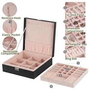 Smileshe Jewelry Box for Women Girls, PU Leather Organizer Boxes with Lock, 2 Layers Large Display Storage Case for Rings Earrings Necklaces Bracelets
