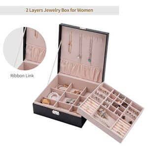 Smileshe Jewelry Box for Women Girls, PU Leather Organizer Boxes with Lock, 2 Layers Large Display Storage Case for Rings Earrings Necklaces Bracelets