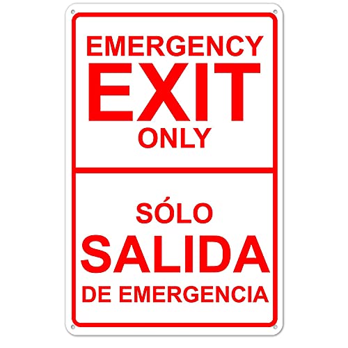 Emergency Exit Only Sólo Salida De Emergencia English Spanish Dual Language Tin Sign Metal Sign 12X8 Inch Easy Mounting,Outdoor/Indoor Use