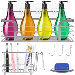 lrniot shower caddy,with toothbrush holder soap dish holder,stainless steel stand, no drilling bathroom organizer for toothbrush, toothpaste, facial cleanser, comb (silver, 9 pcs/set)