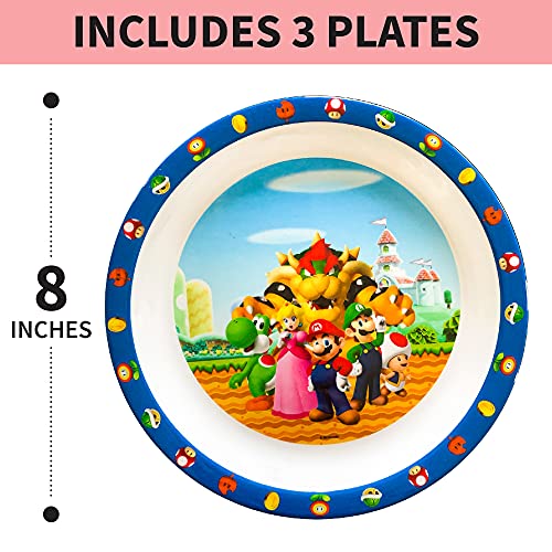 Franco Kids Dinnerware Cartoon Designed Set of 3 Kitchen Plates, 8 Inches, Super Mario