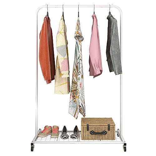 Simple Trending Standard Rod Clothing Garment Rack, Clothing Rolling Rack With Mesh Storage Shelf On Wheels (White)