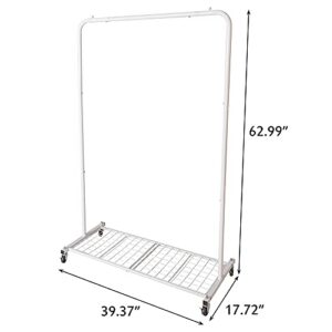 Simple Trending Standard Rod Clothing Garment Rack, Clothing Rolling Rack With Mesh Storage Shelf On Wheels (White)