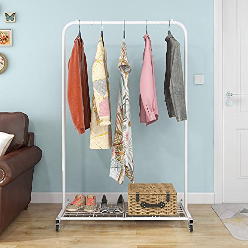 Simple Trending Standard Rod Clothing Garment Rack, Clothing Rolling Rack With Mesh Storage Shelf On Wheels (White)